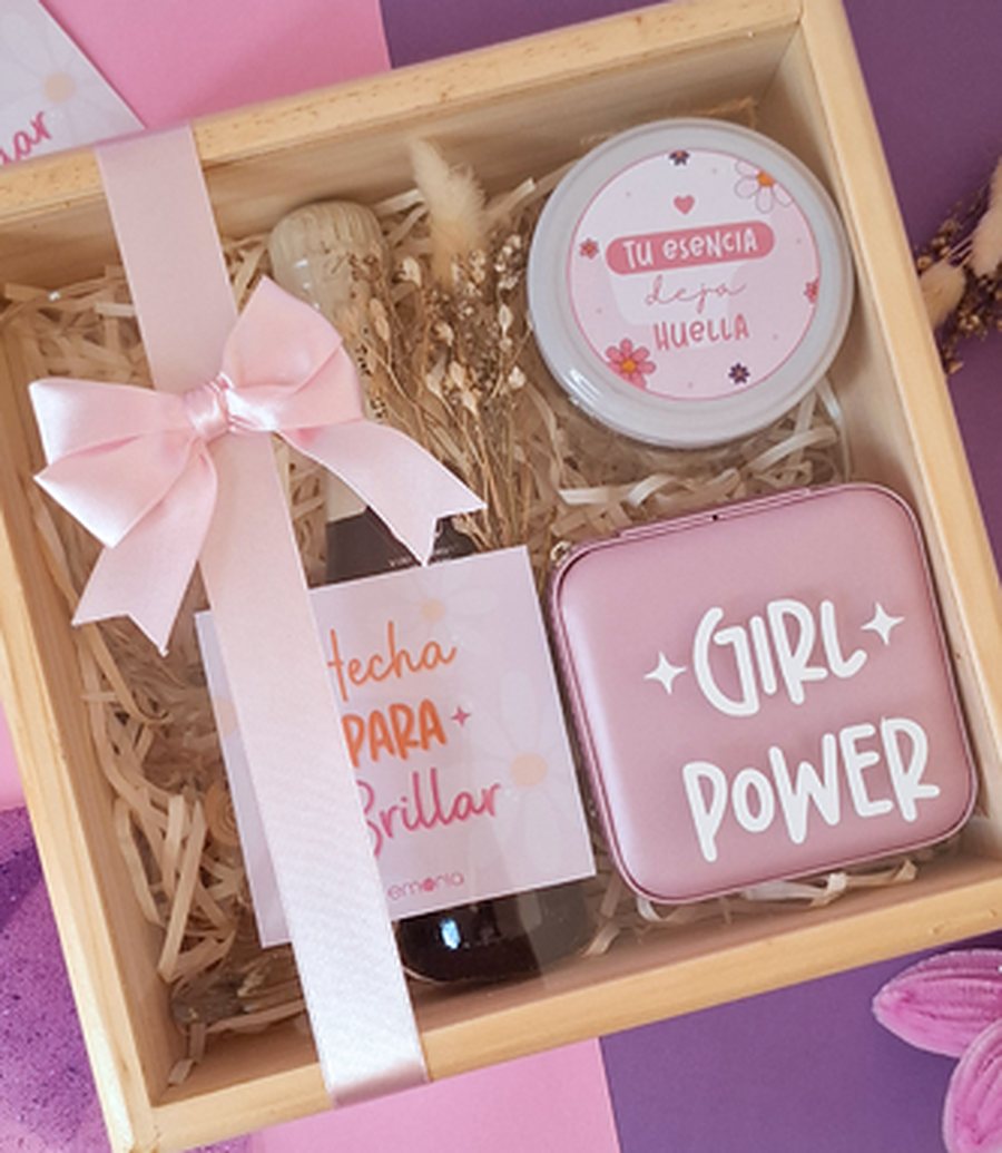 Pack 03: caja de madera con tapa de vidrio, joyero rosa, copa y champagne